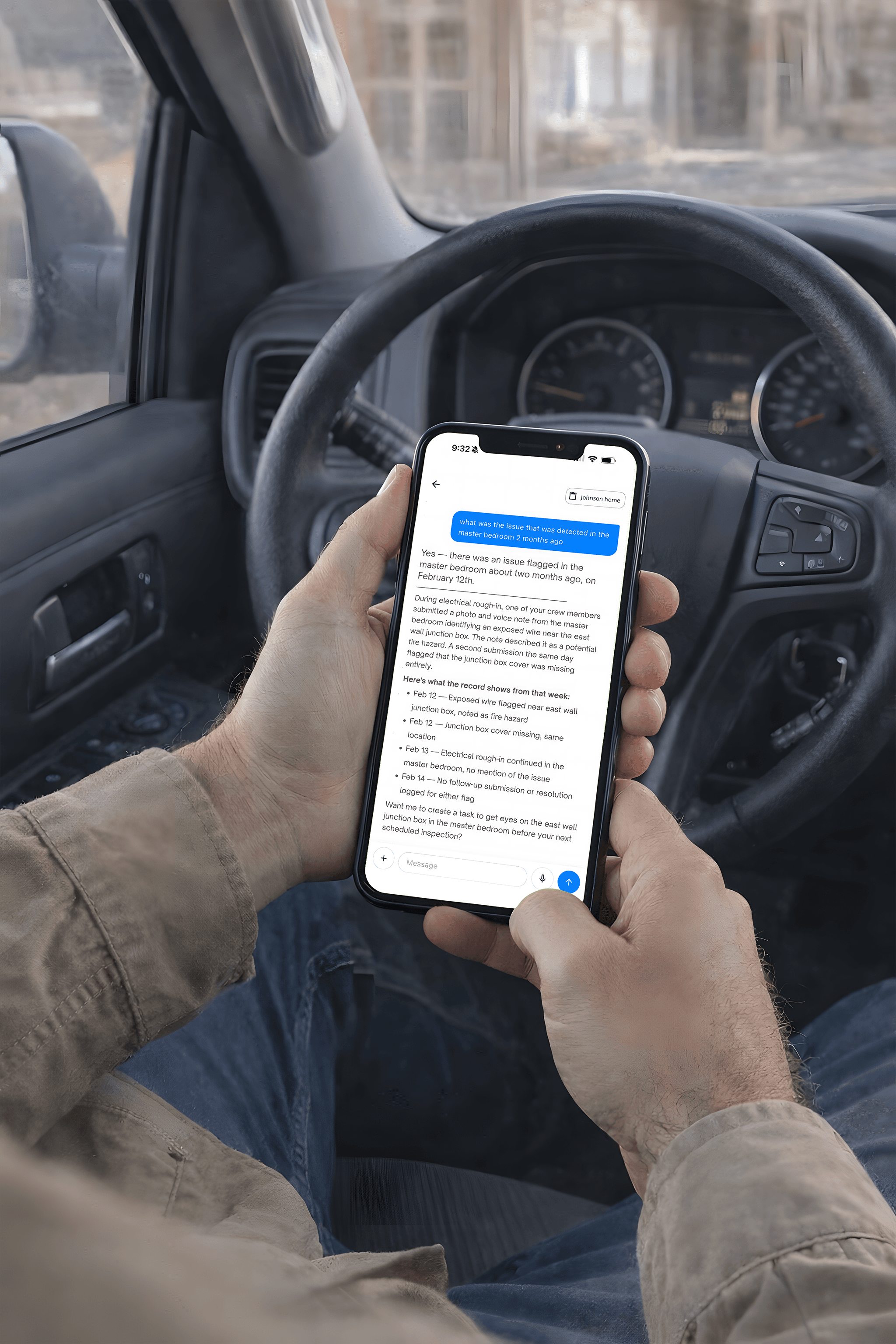 GC in a truck checking project status on Siteflo