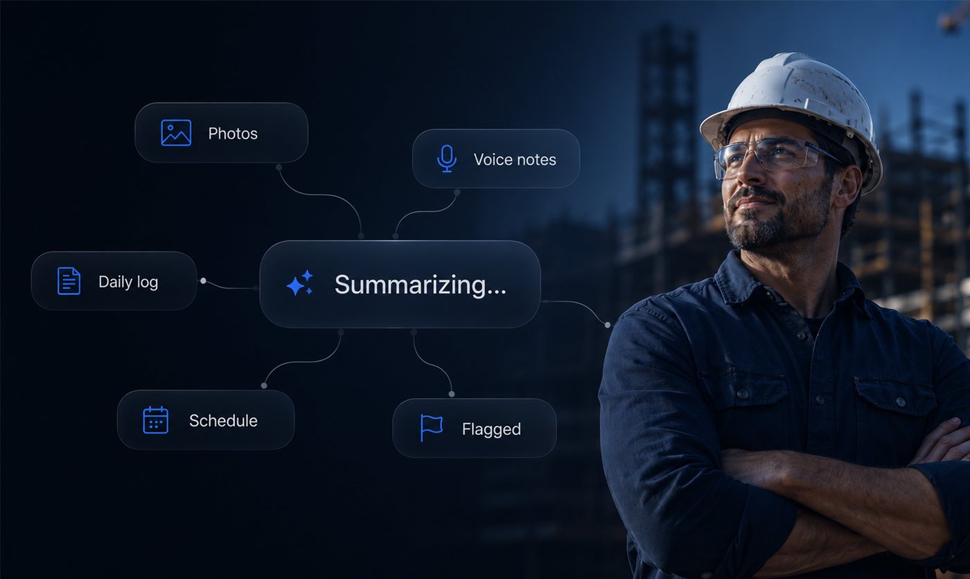 Siteflo AI summarizing field activity into logs, tasks, and answers
