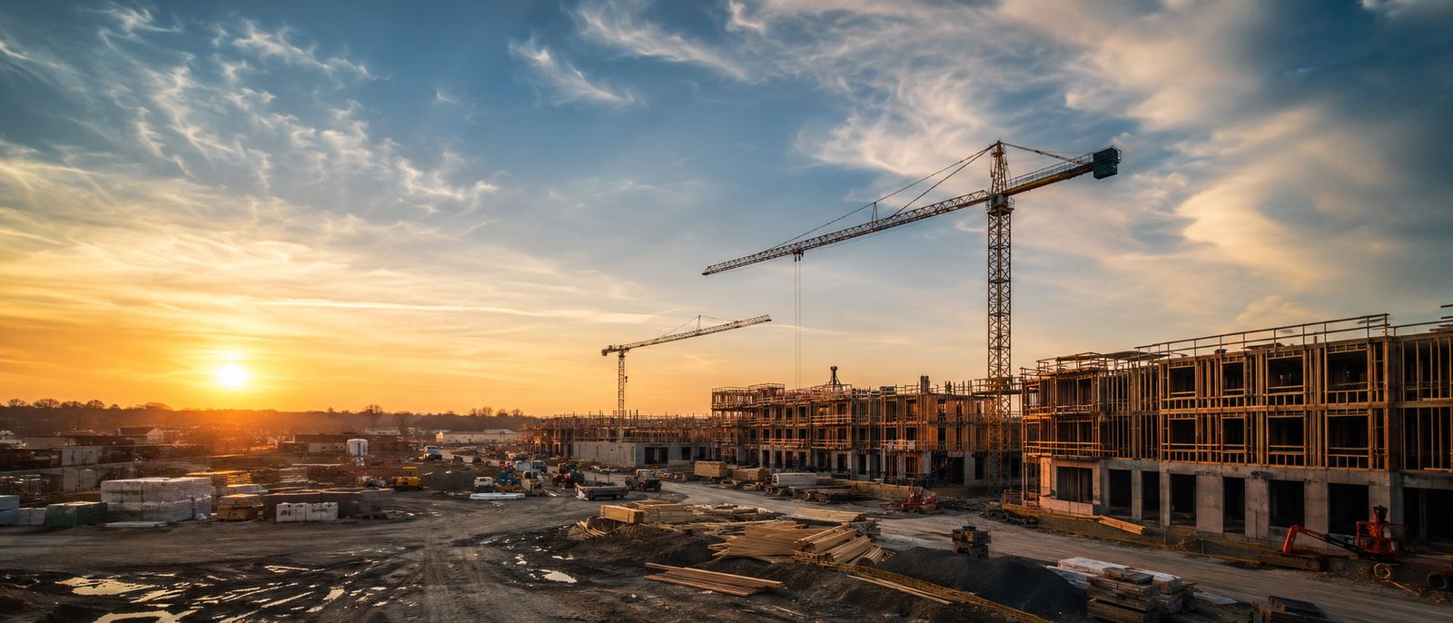 Panoramic active construction site at golden hour