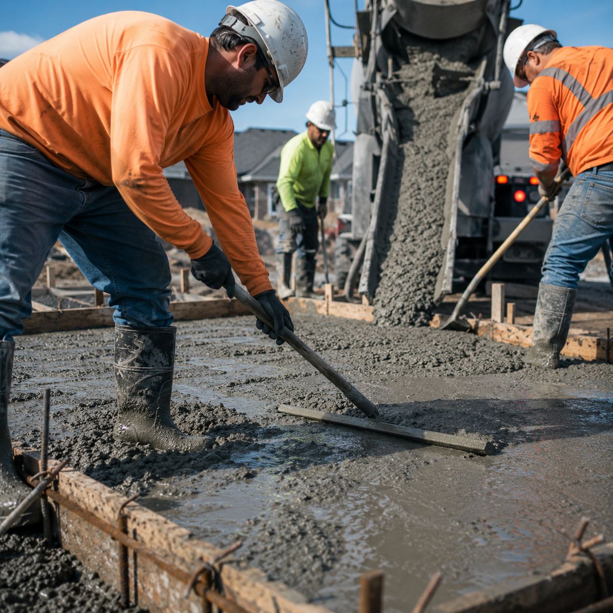 Workers pouring and screeding concrete on a foundation