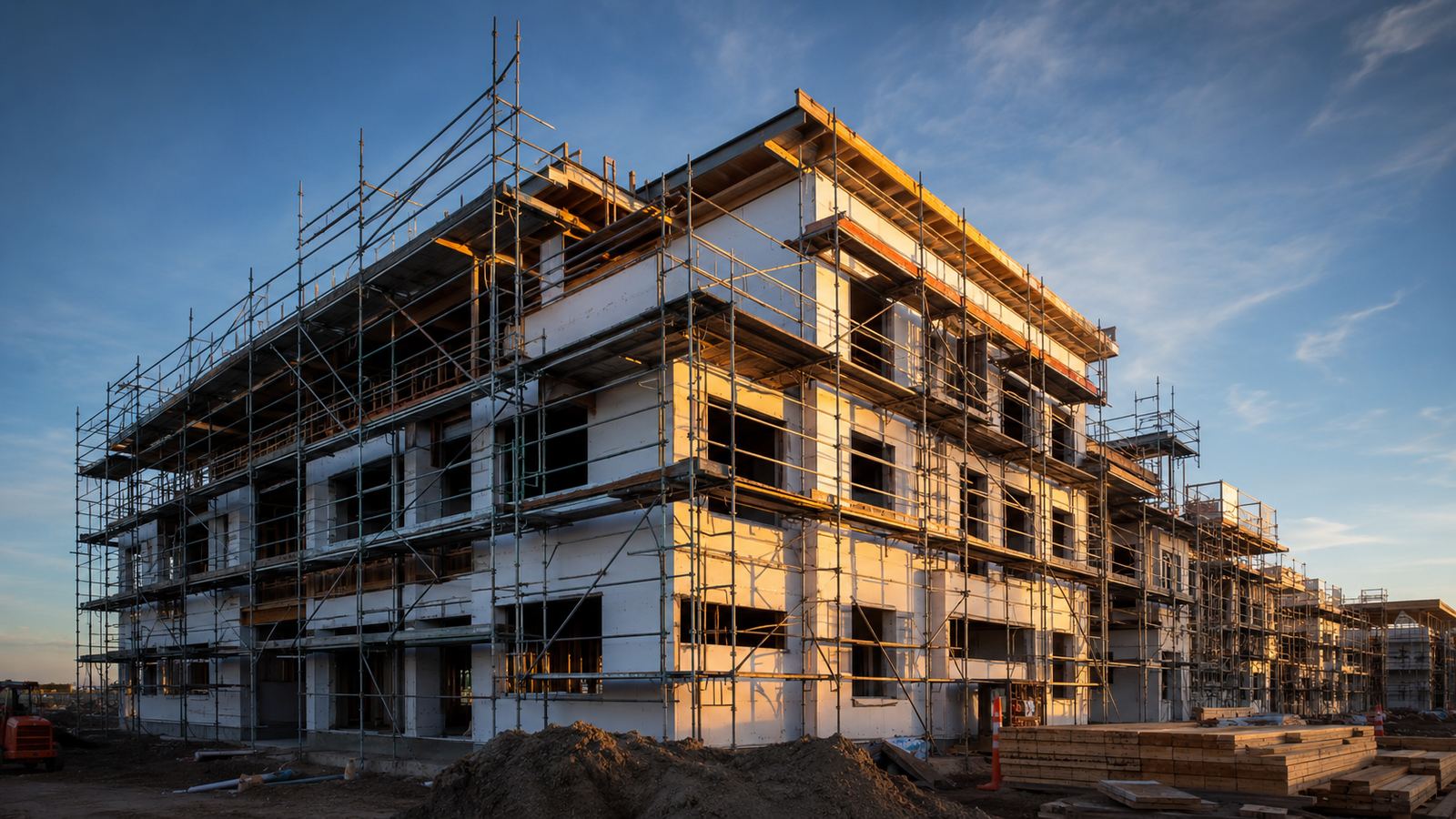 A multi-story building under construction at golden hour