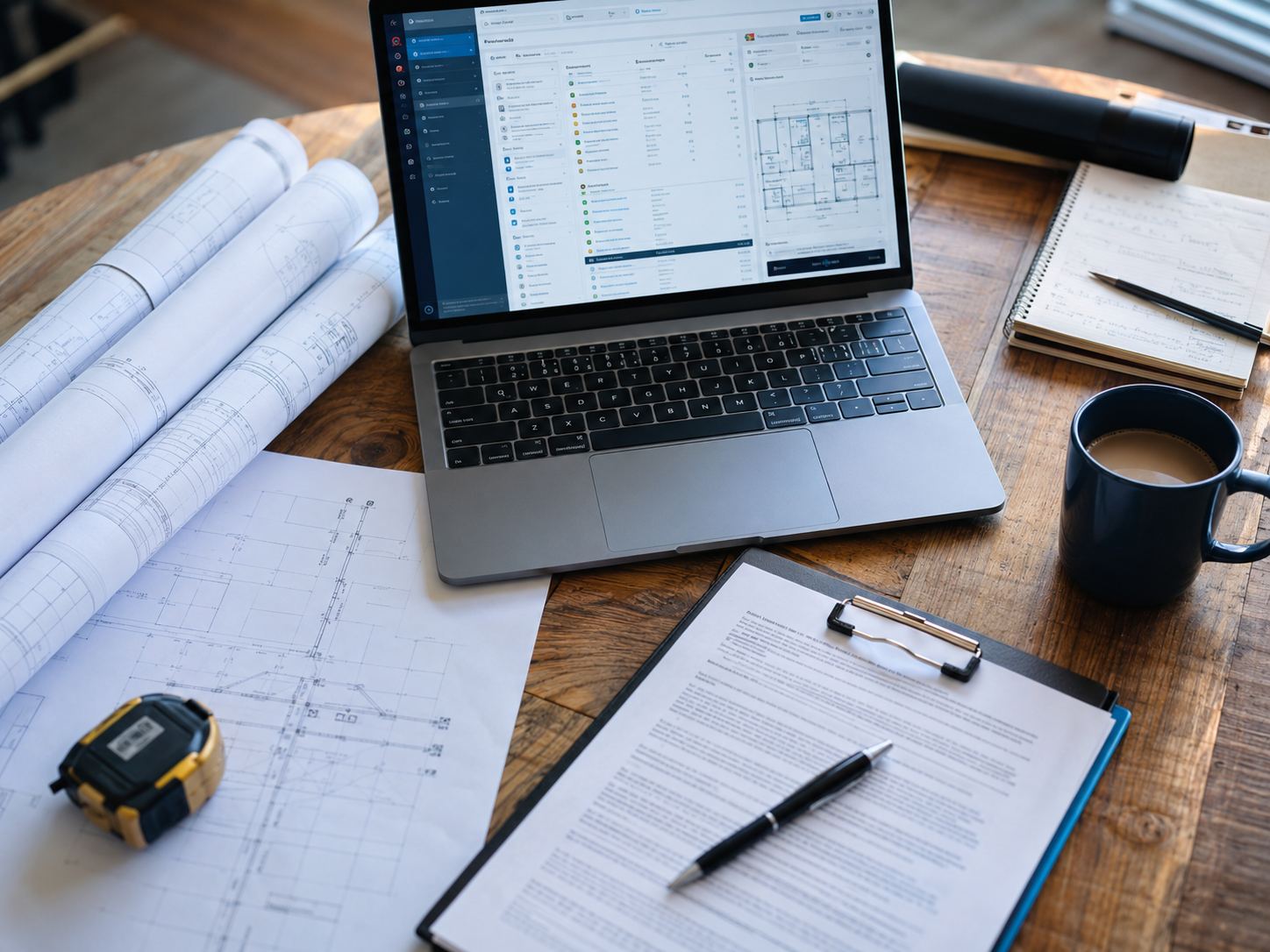 Blueprints and contracts being uploaded from a laptop at a desk