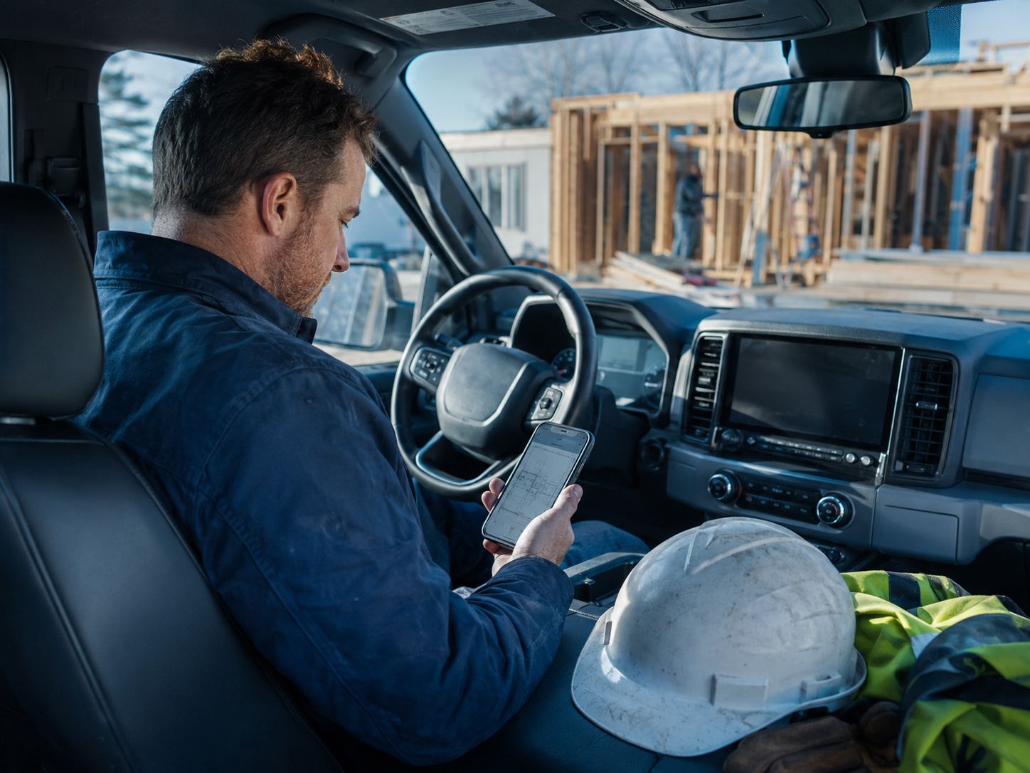 General contractor in a truck cab checking project status on his phone