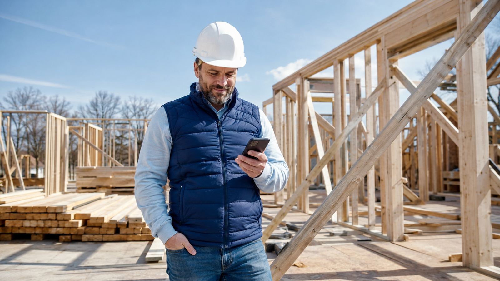 A general contractor checking project status on his phone at an active job site